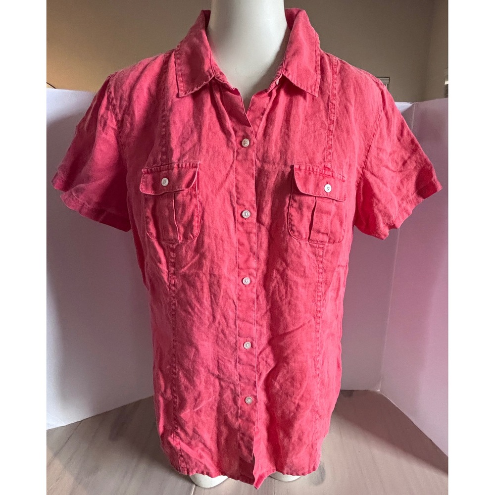 Tommy Bahama Relax Womens Coral 100% Linen Short Sleeve Button Front Shirt L